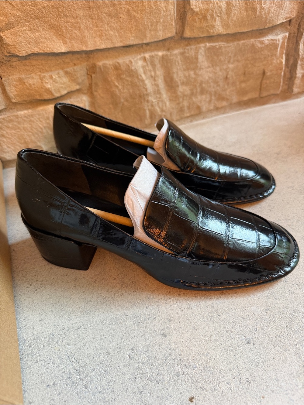 Vince Black Crocodile Embossed Heel Loafers